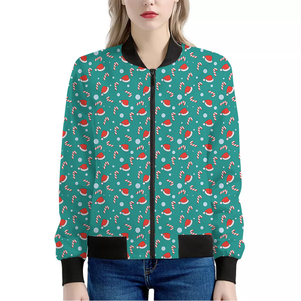 Candy And Santa Claus Hat Pattern Print Women's Bomber Jacket