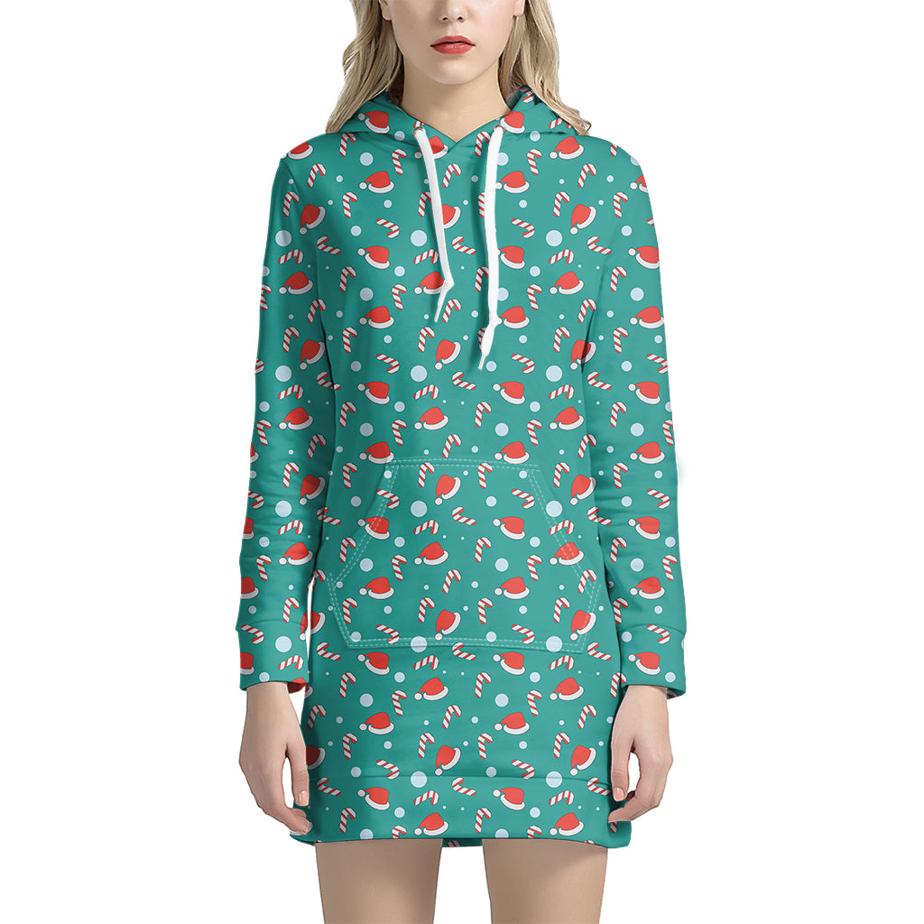 Candy And Santa Claus Hat Pattern Print Women's Pullover Hoodie Dress