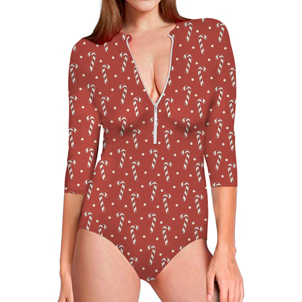 Candy Cane Polka Dot Pattern Print Long Sleeve One Piece Swimsuit