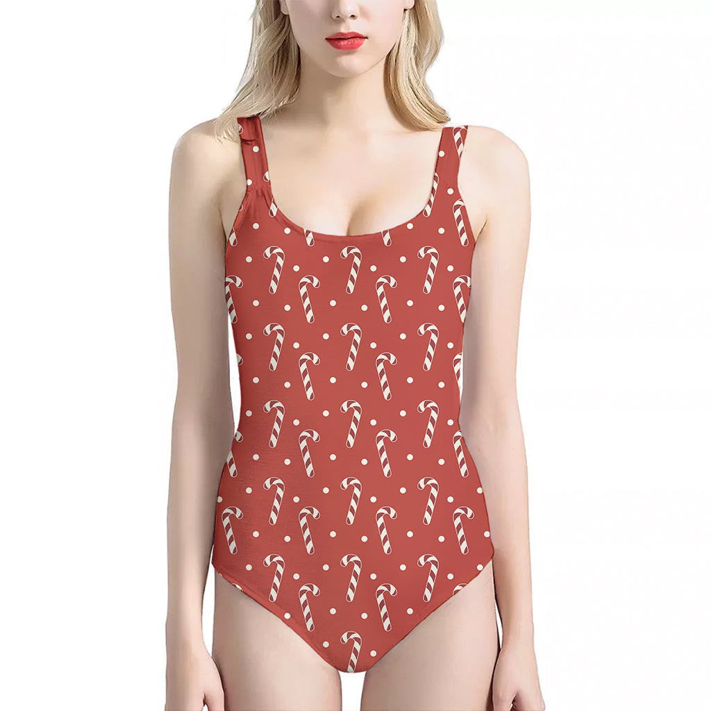 Candy Cane Polka Dot Pattern Print One Piece Halter Neck Swimsuit