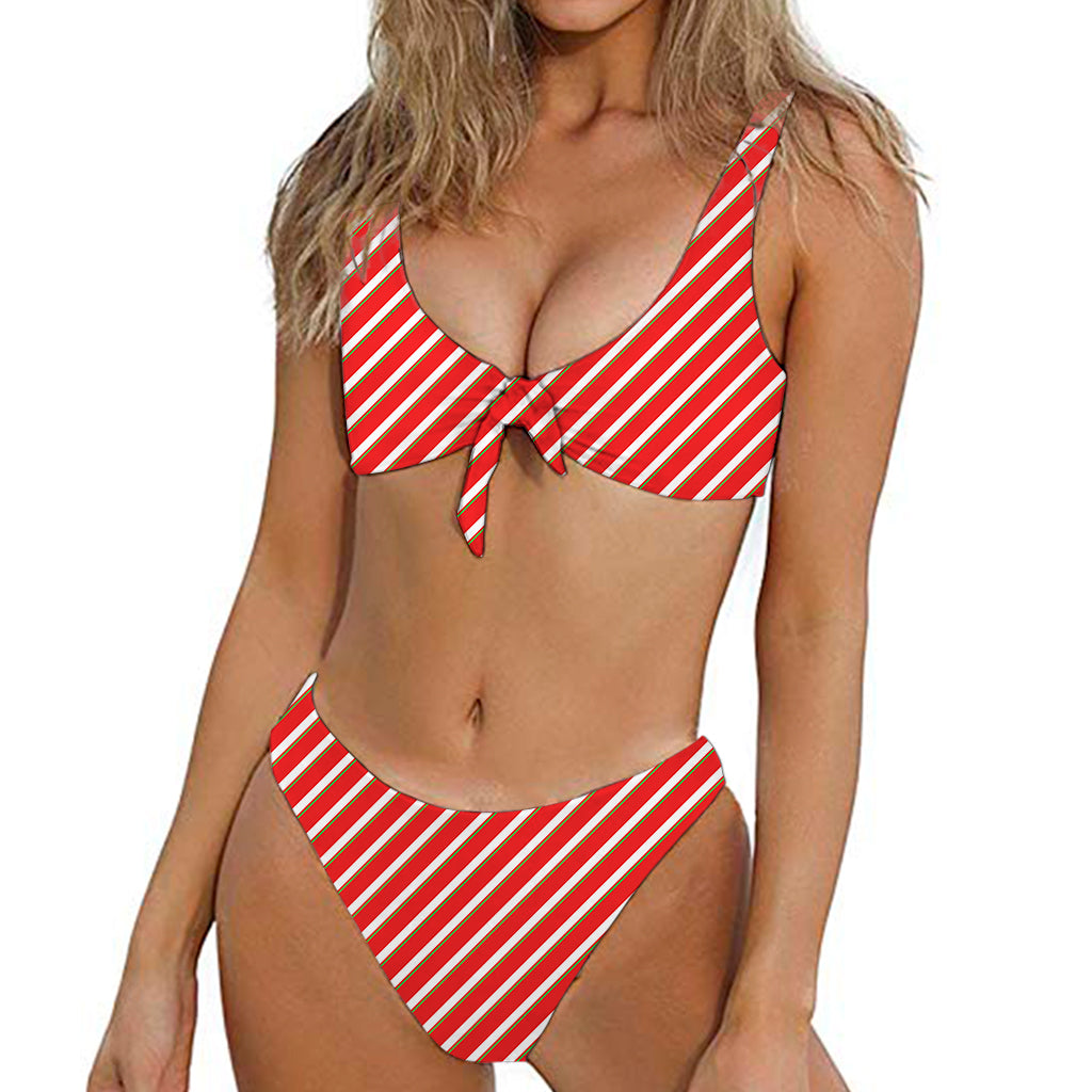 Candy Cane Stripe Pattern Print Front Bow Tie Bikini