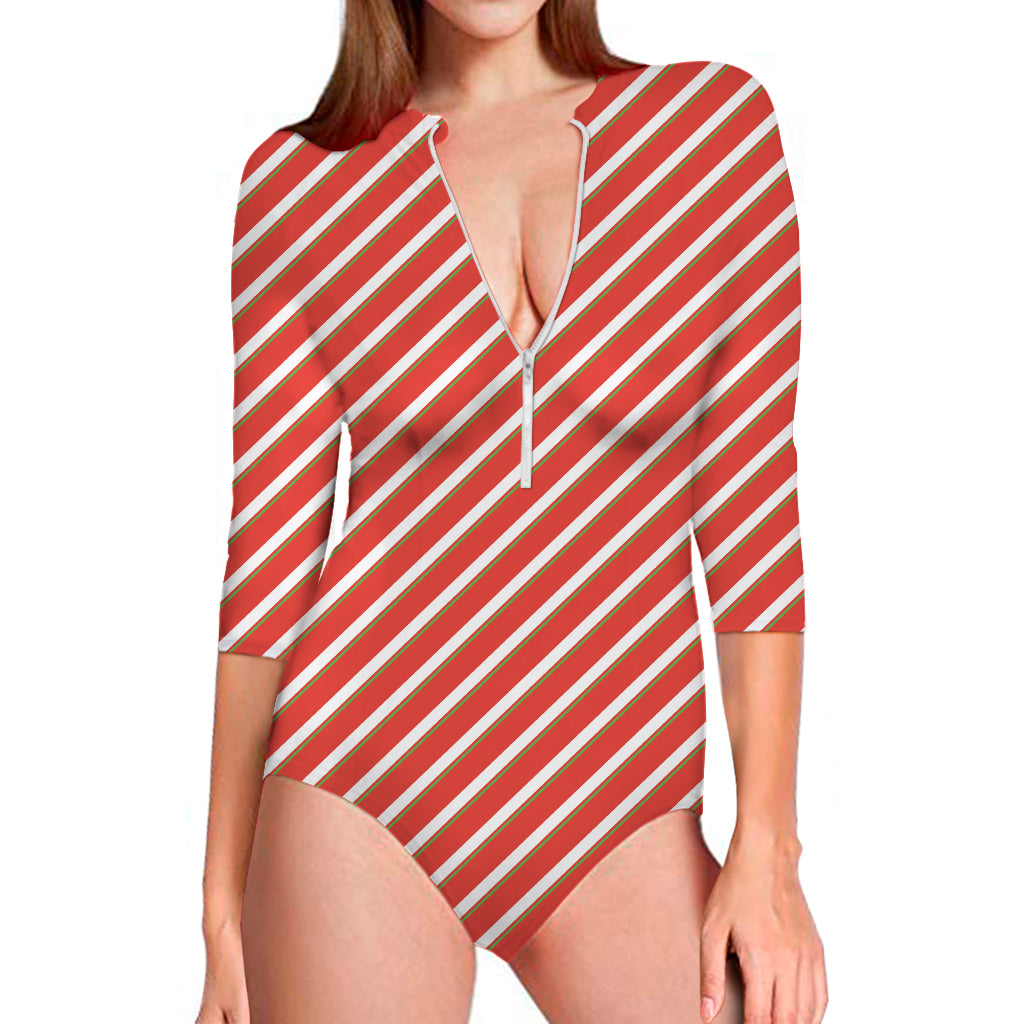 Candy Cane Stripe Pattern Print Long Sleeve One Piece Swimsuit