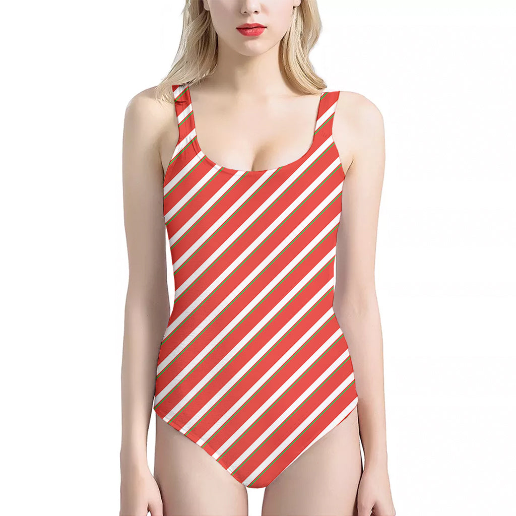 Candy Cane Stripe Pattern Print One Piece Halter Neck Swimsuit