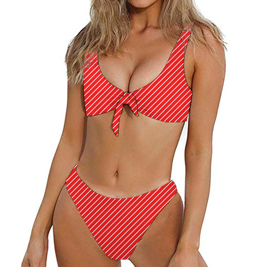 Candy Cane Striped Pattern Print Front Bow Tie Bikini