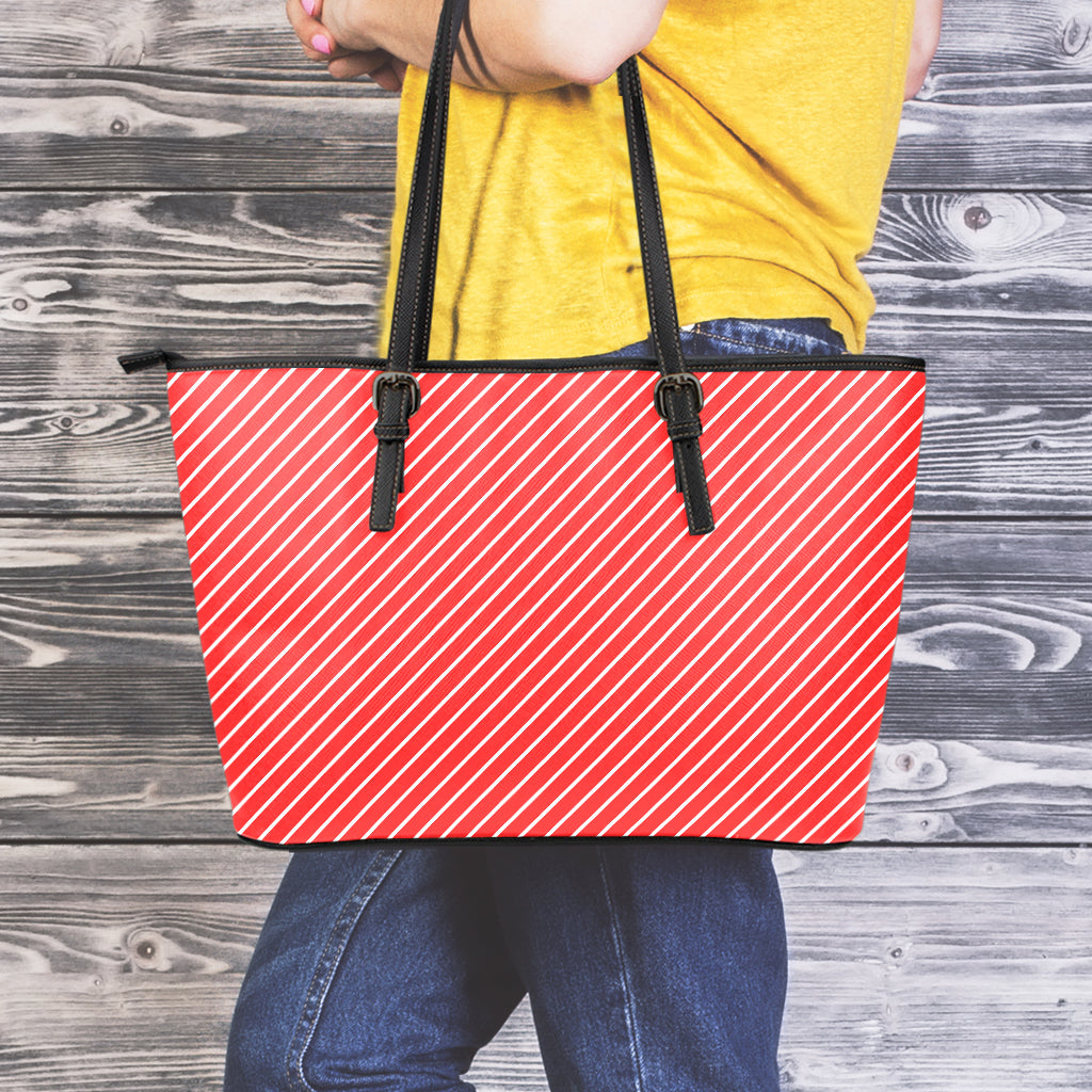 Candy Cane Striped Pattern Print Leather Tote Bag