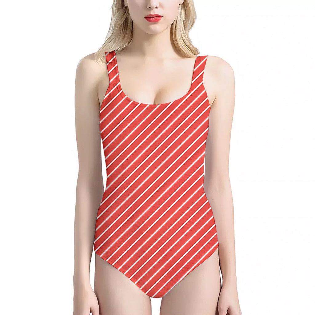 Candy Cane Striped Pattern Print One Piece Halter Neck Swimsuit