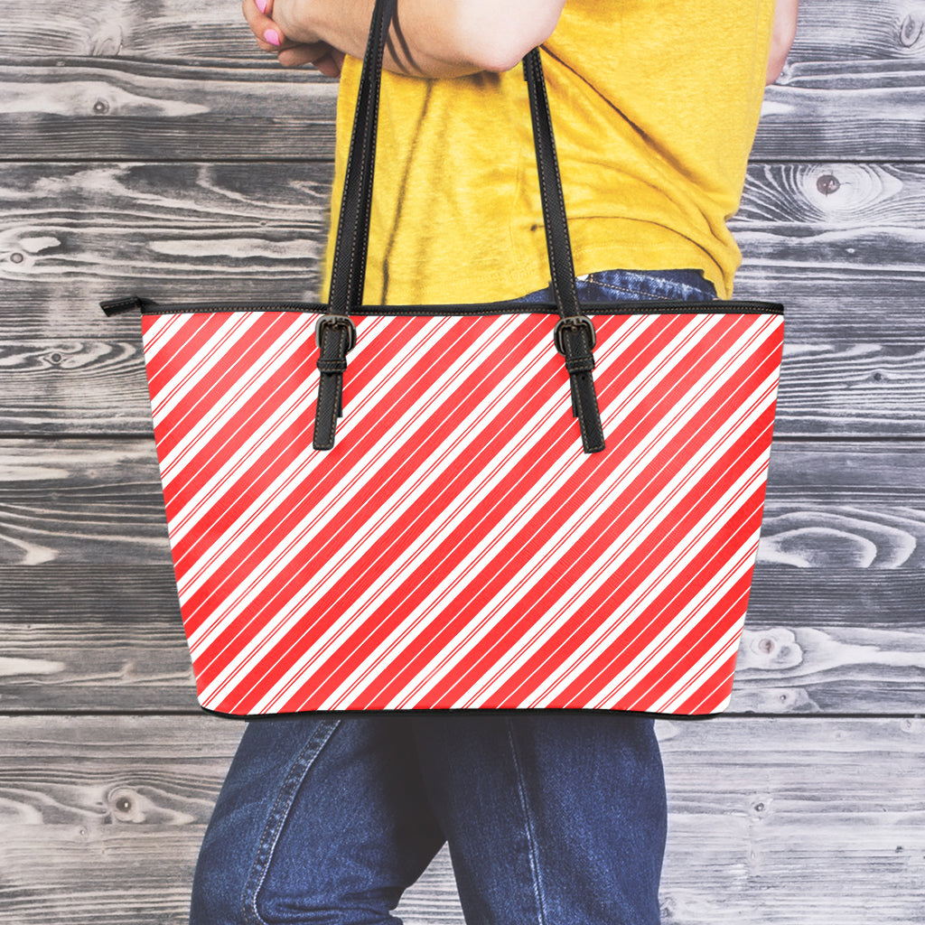 Candy Cane Stripes Pattern Print Leather Tote Bag