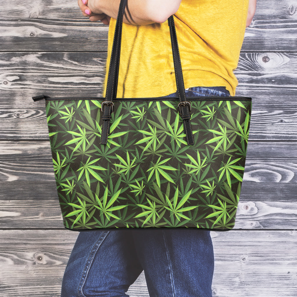 Cannabis Leaves Pattern Print Leather Tote Bag