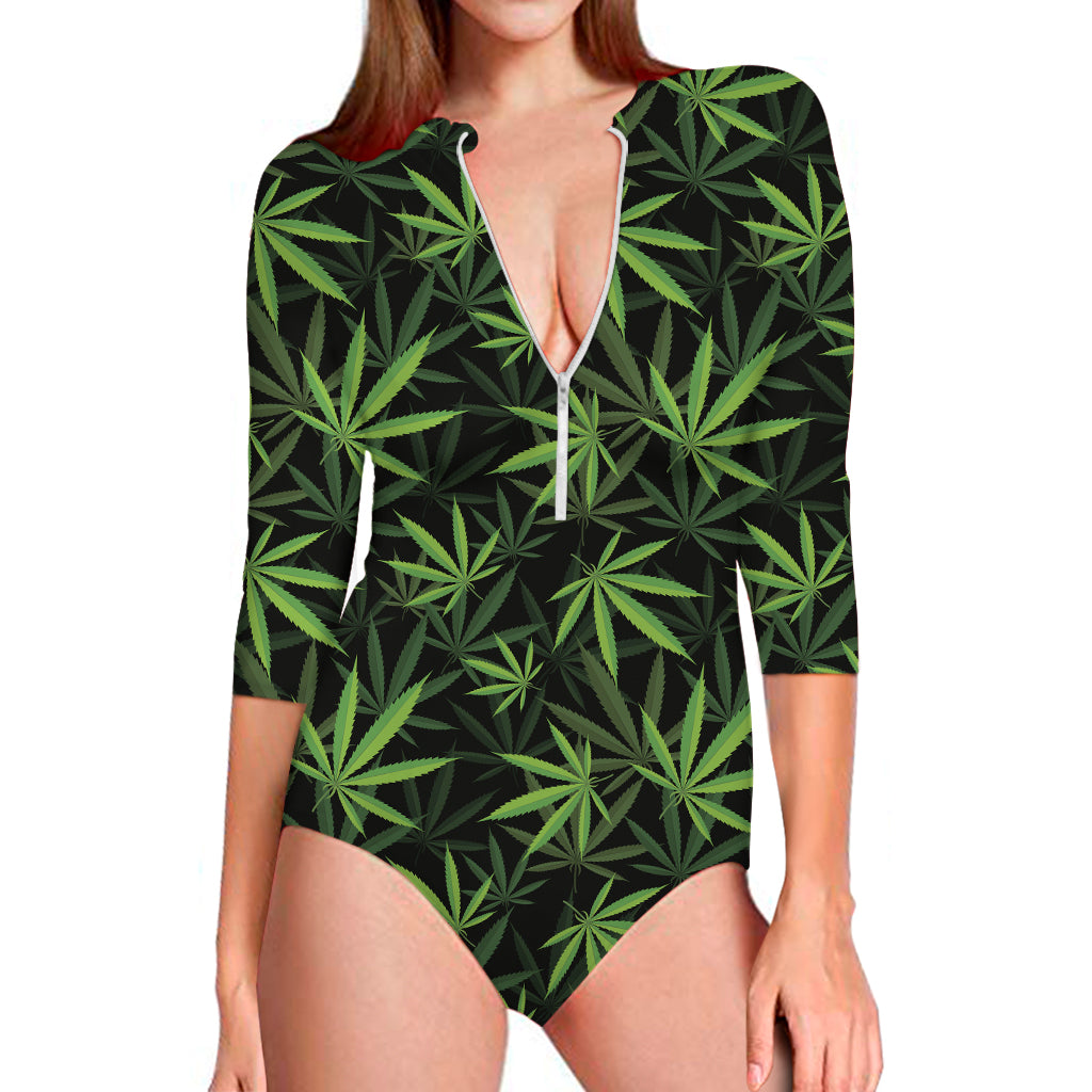 Cannabis Leaves Pattern Print Long Sleeve One Piece Swimsuit