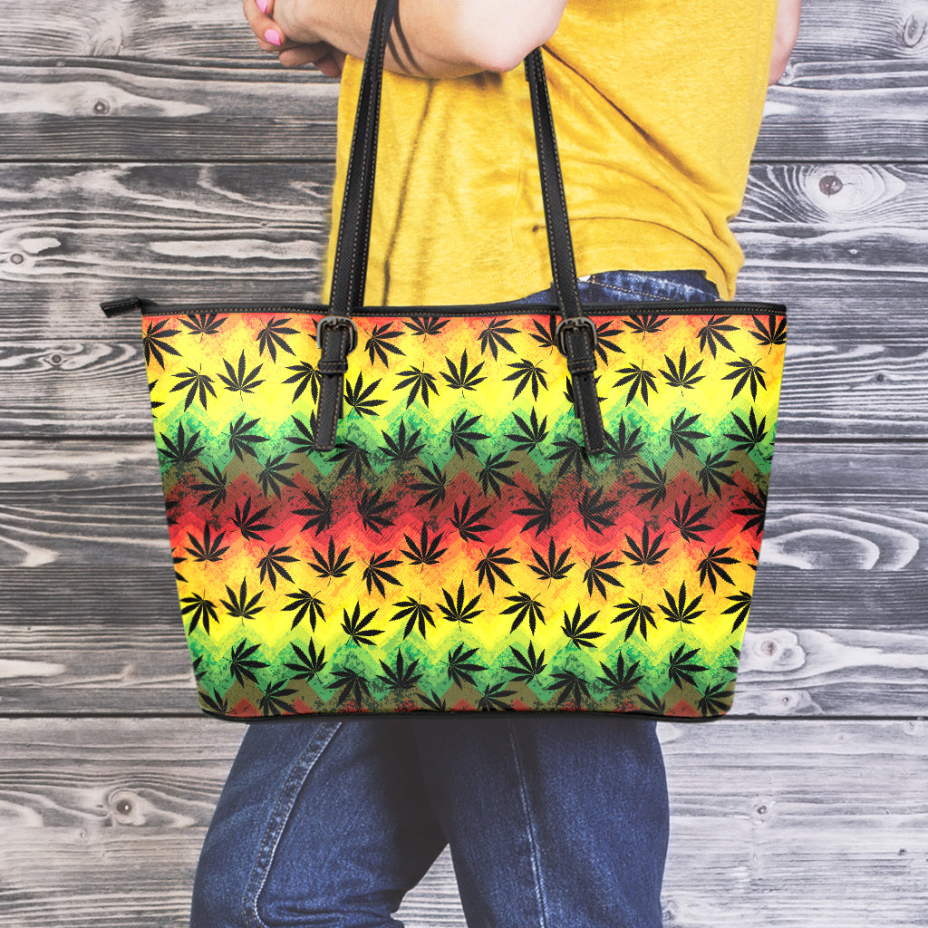 Cannabis Rasta Pattern Print Leather Tote Bag