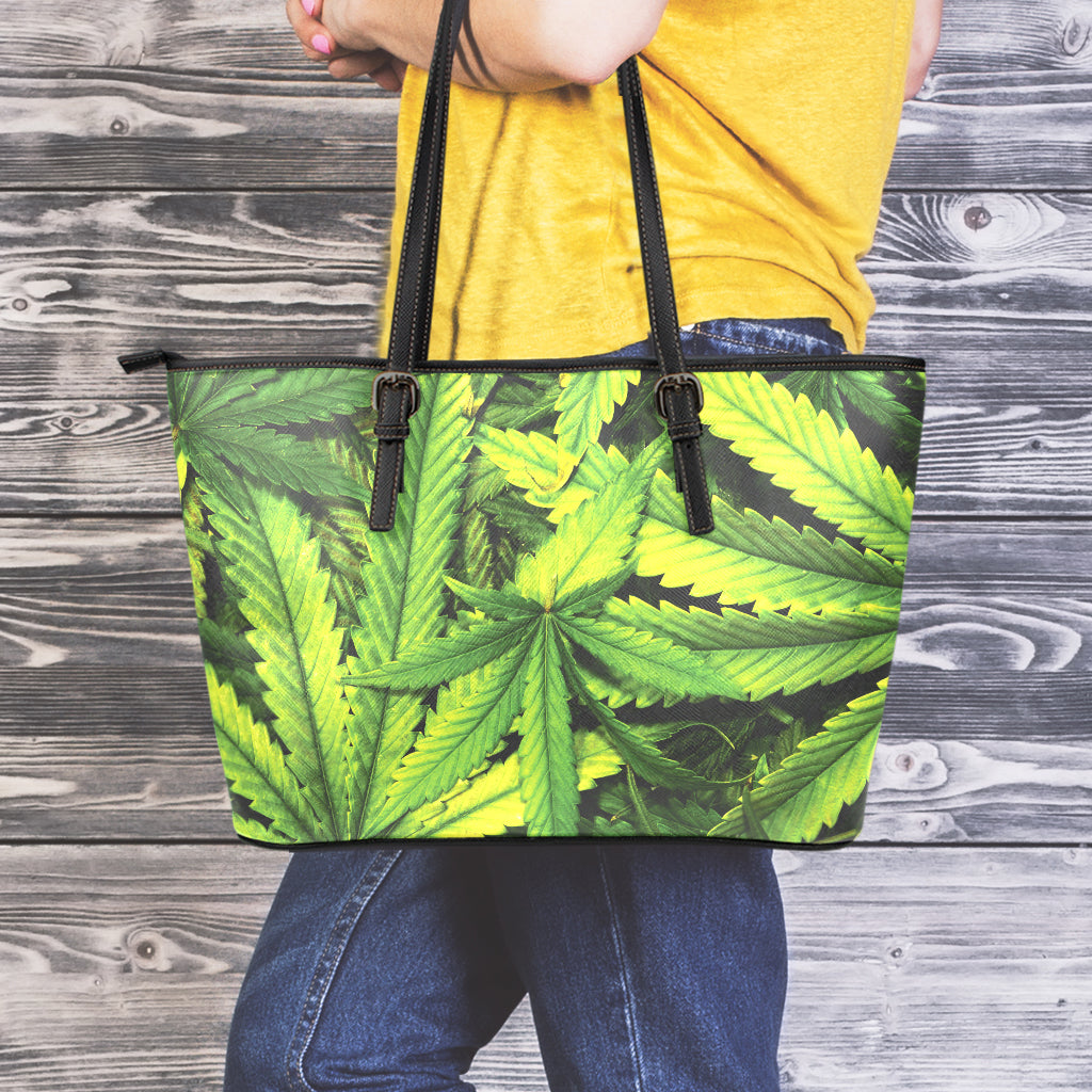 Cannabis Texture Print Leather Tote Bag