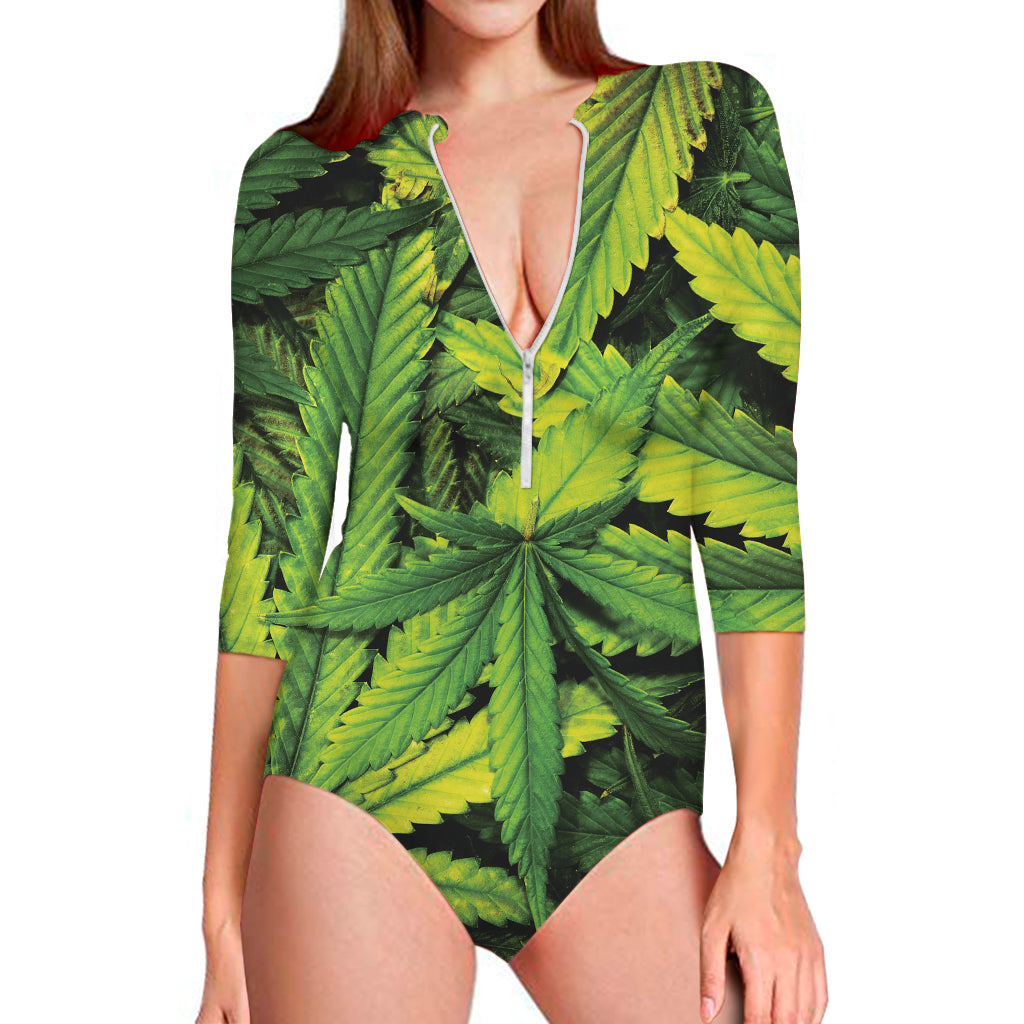 Cannabis Texture Print Long Sleeve One Piece Swimsuit