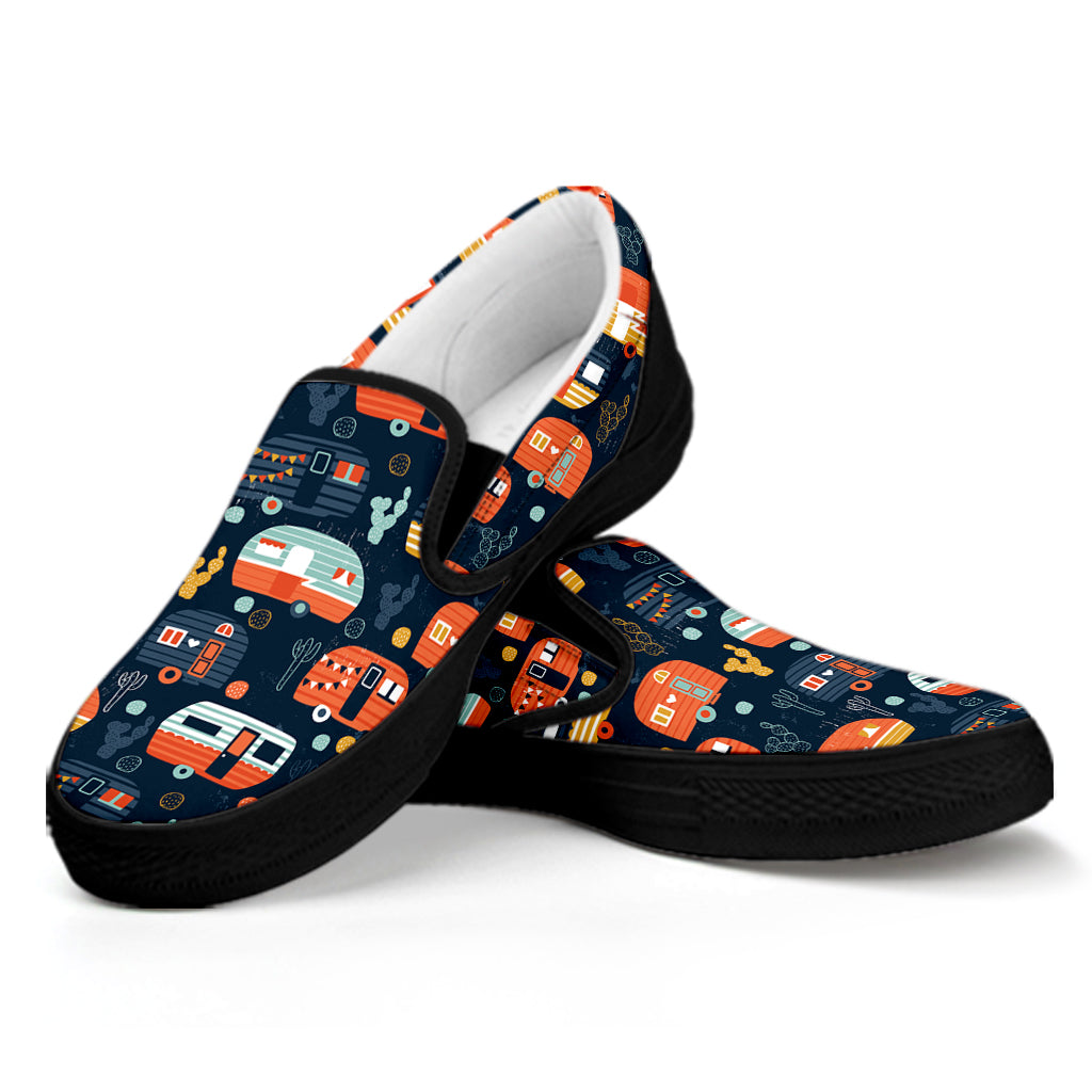 Caravan Camping Pattern Print Black Slip On Shoes