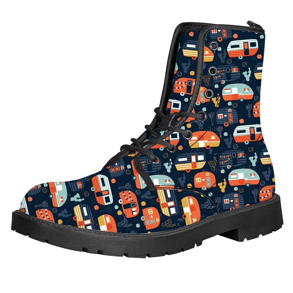 Caravan Camping Pattern Print Leather Boots