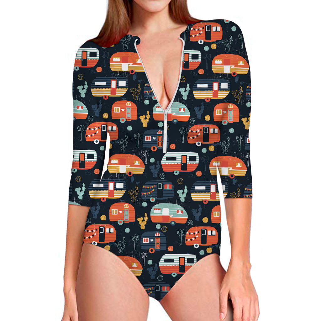 Caravan Camping Pattern Print Long Sleeve One Piece Swimsuit