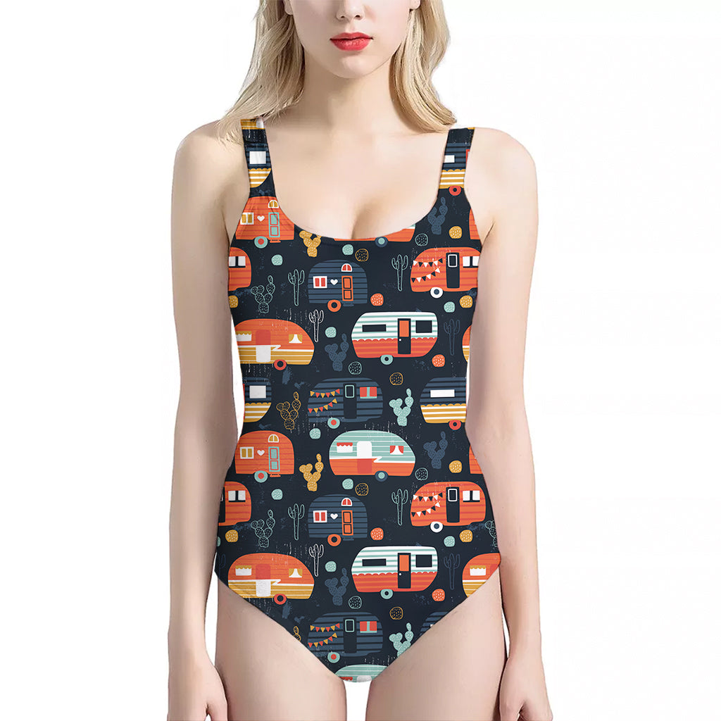 Caravan Camping Pattern Print One Piece Halter Neck Swimsuit