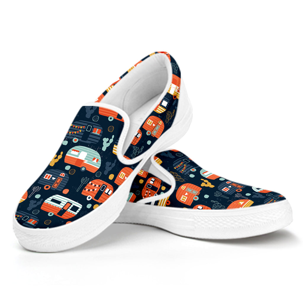 Caravan Camping Pattern Print White Slip On Shoes