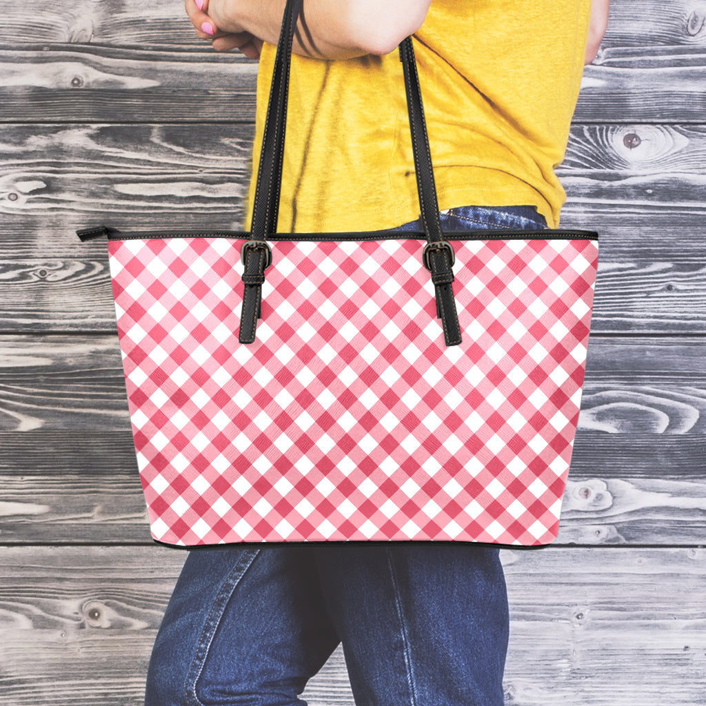 Cardinal Red And White Gingham Print Leather Tote Bag