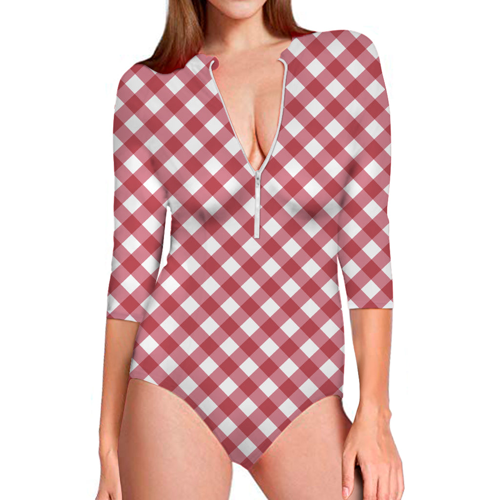 Cardinal Red And White Gingham Print Long Sleeve One Piece Swimsuit