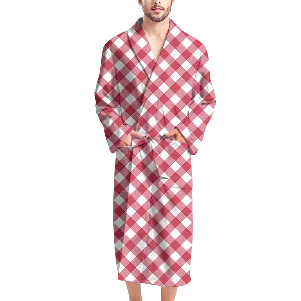 Cardinal Red And White Gingham Print Men's Bathrobe