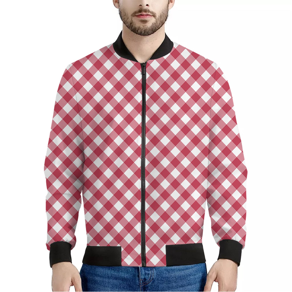 Cardinal Red And White Gingham Print Men's Bomber Jacket