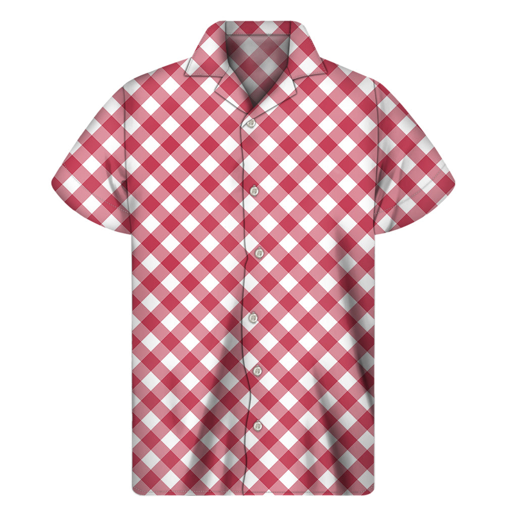 Cardinal Red And White Gingham Print Men's Short Sleeve Shirt