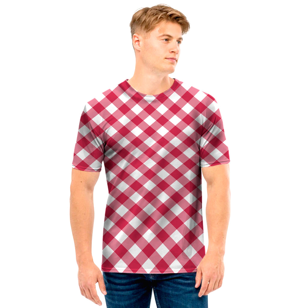 Cardinal Red And White Gingham Print Men's T-Shirt