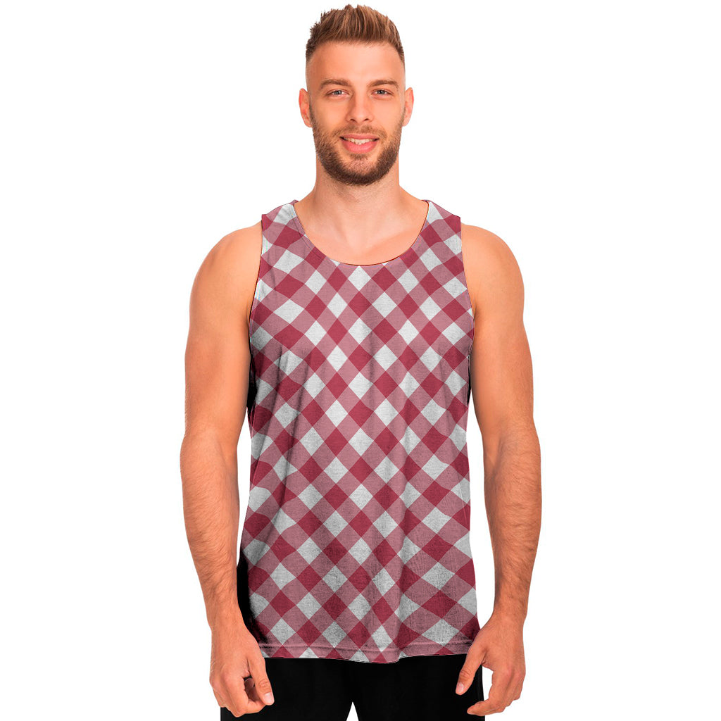 Cardinal Red And White Gingham Print Men's Tank Top