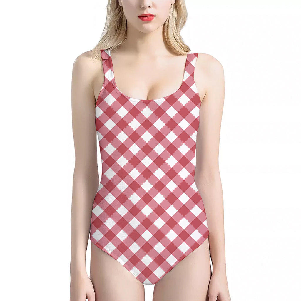 Cardinal Red And White Gingham Print One Piece Halter Neck Swimsuit