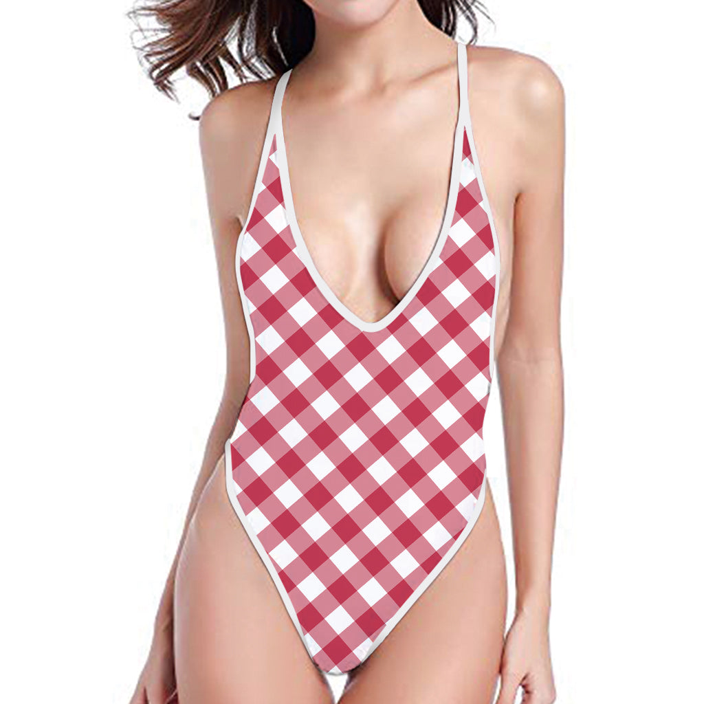 Cardinal Red And White Gingham Print One Piece High Cut Swimsuit