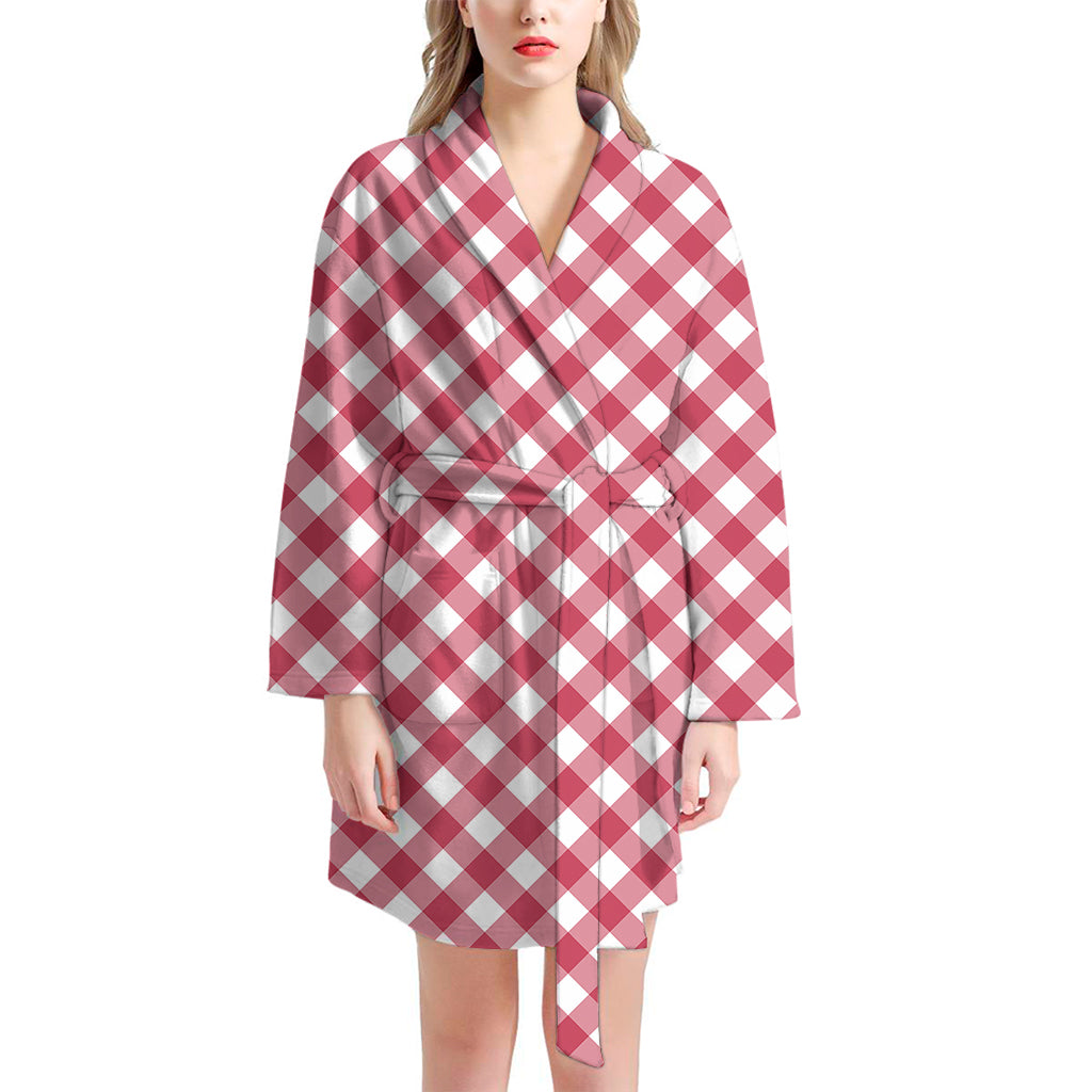 Cardinal Red And White Gingham Print Women's Bathrobe