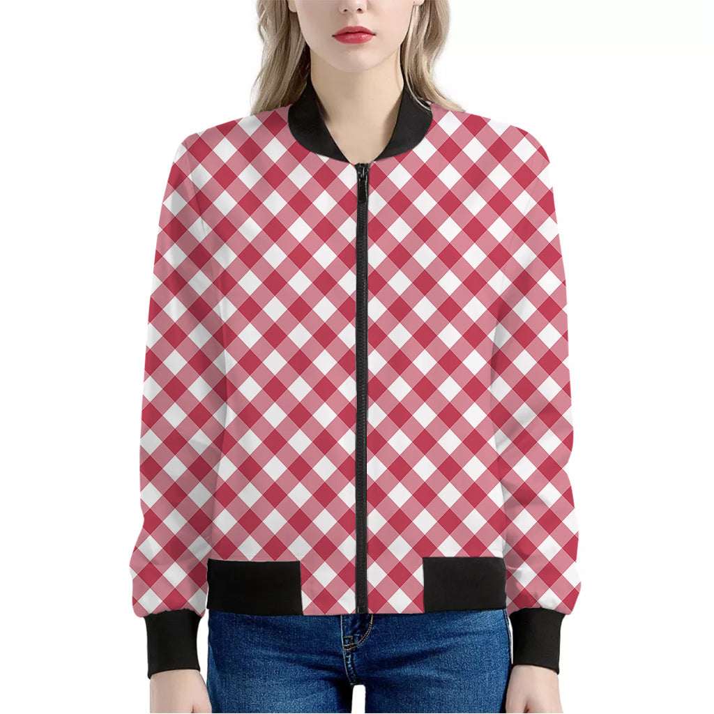 Cardinal Red And White Gingham Print Women's Bomber Jacket