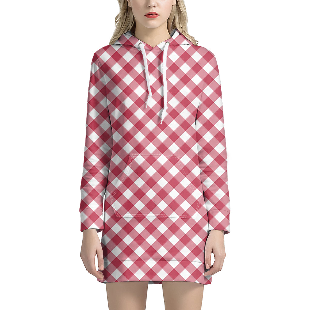 Cardinal Red And White Gingham Print Women's Pullover Hoodie Dress