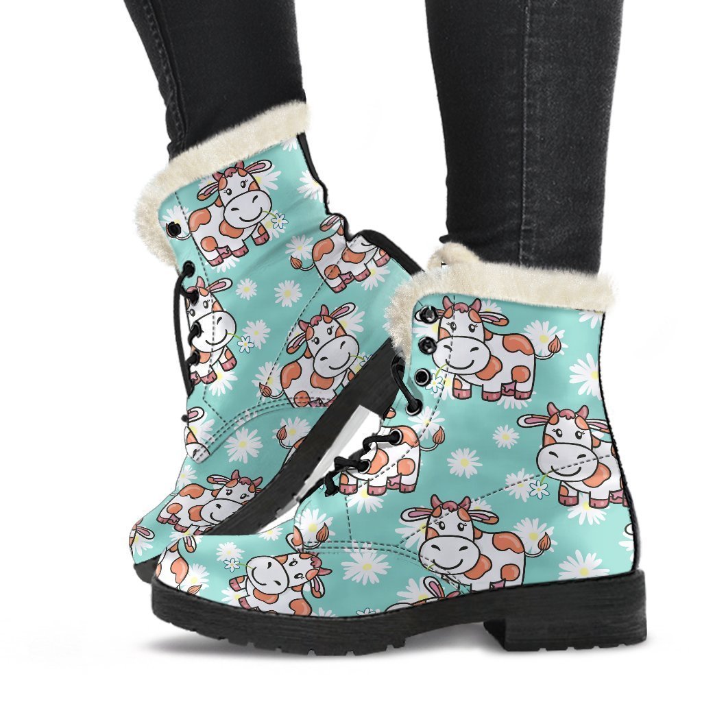 Cartoon Cow And Daisy Flower Print Faux Fur Leather Boots