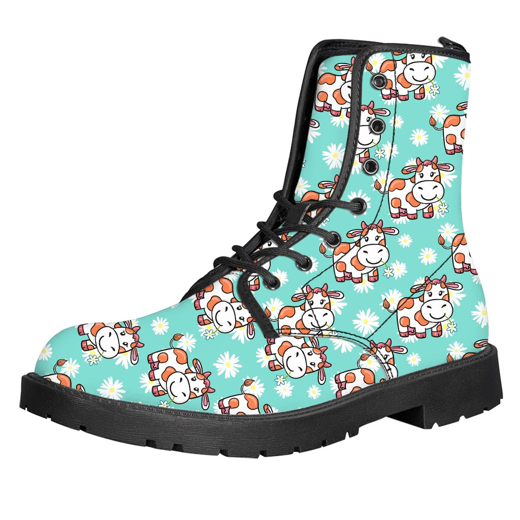 Cartoon Cow And Daisy Flower Print Leather Boots