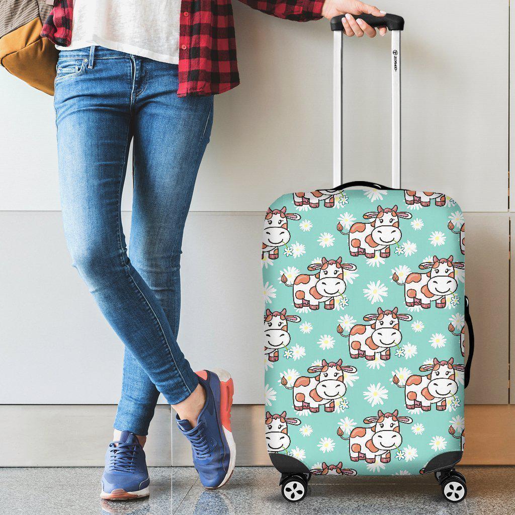 Cartoon Cow And Daisy Flower Print Luggage Cover