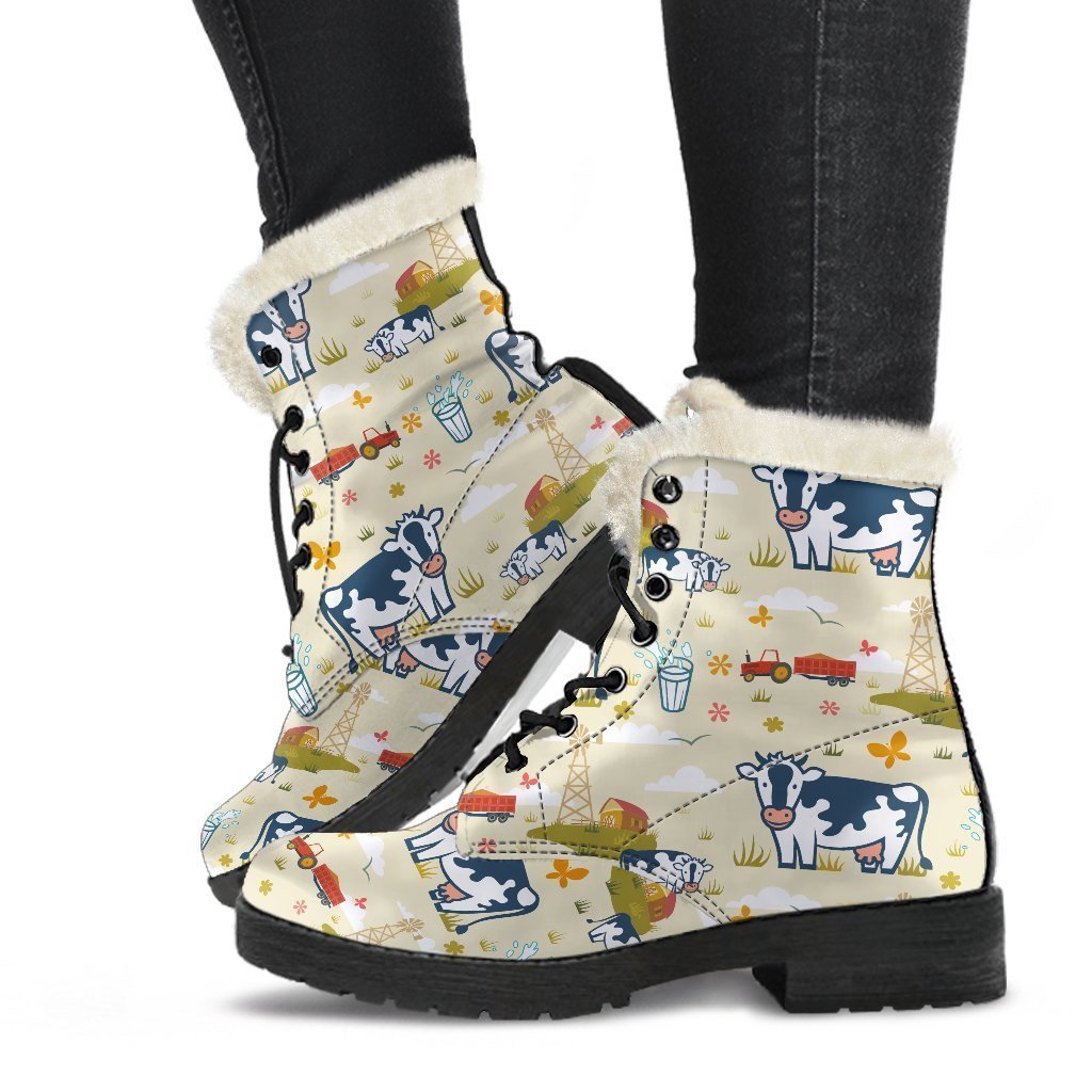 Cartoon Dairy Cow Farm Pattern Print Faux Fur Leather Boots