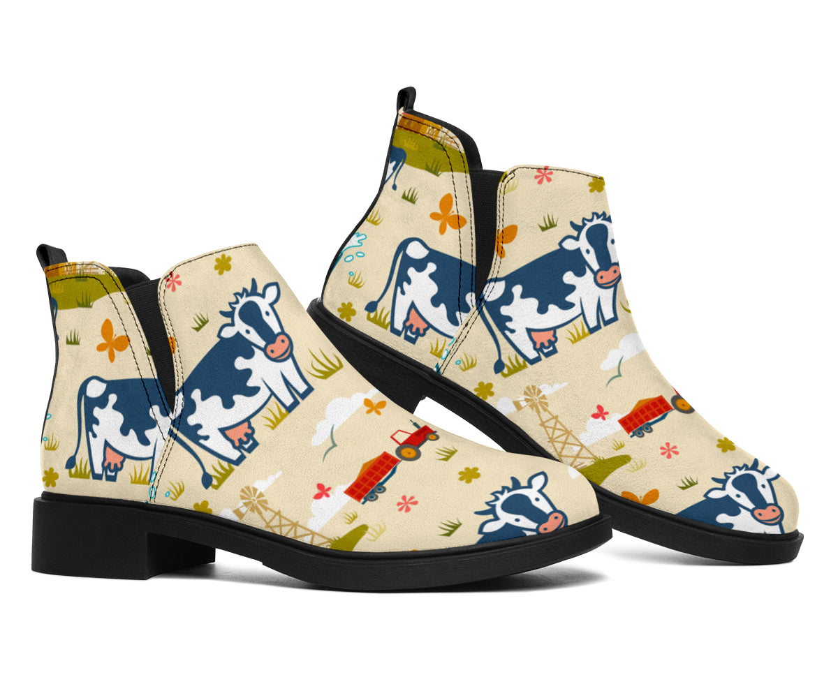 Cartoon Dairy Cow Farm Pattern Print Flat Ankle Boots