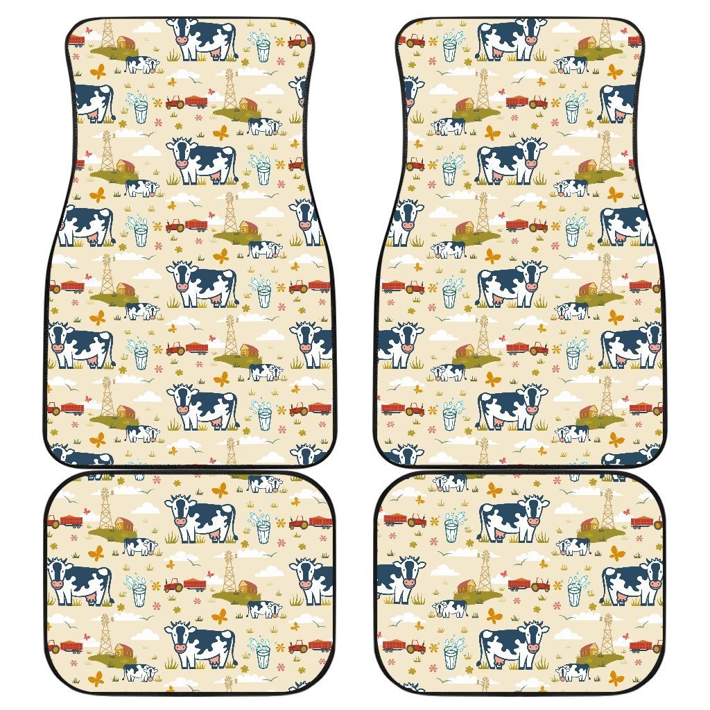 Cartoon Dairy Cow Farm Pattern Print Front and Back Car Floor Mats