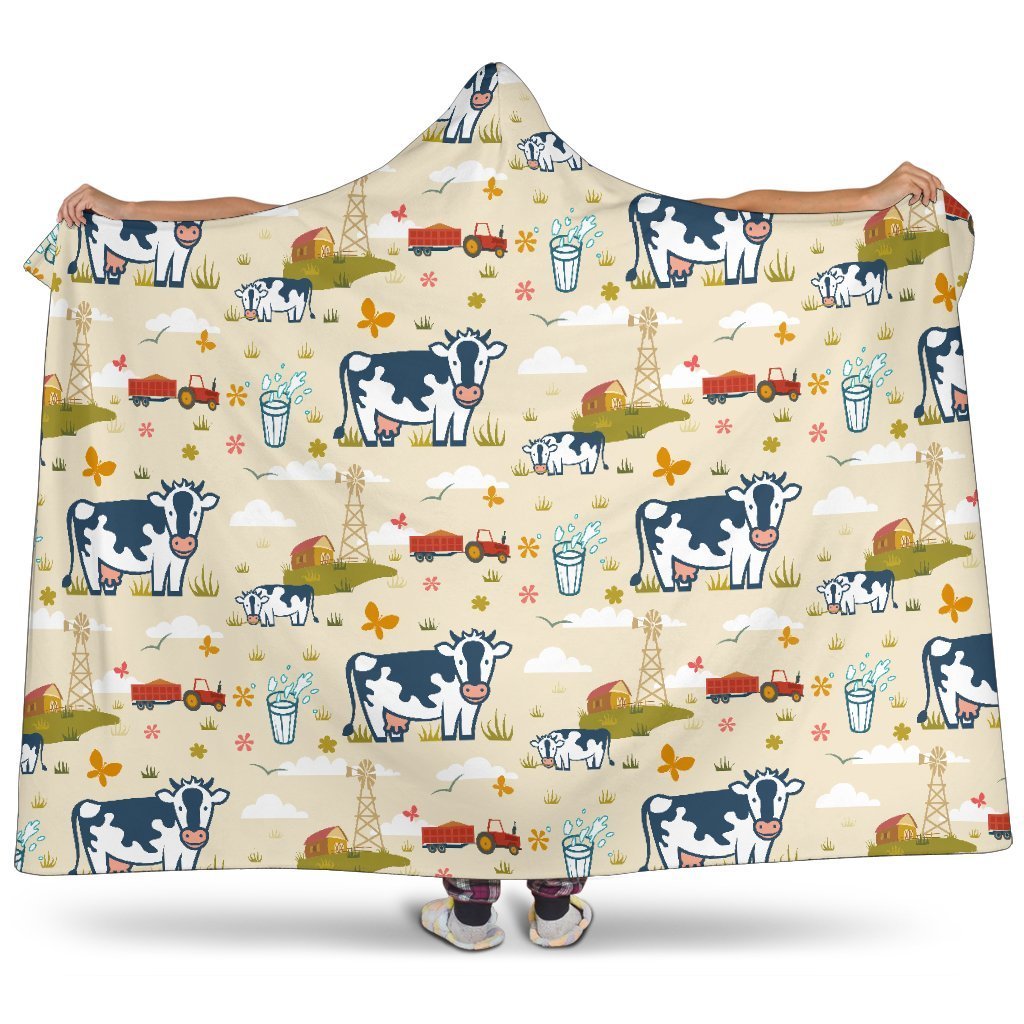 Cartoon Dairy Cow Farm Pattern Print Hooded Blanket