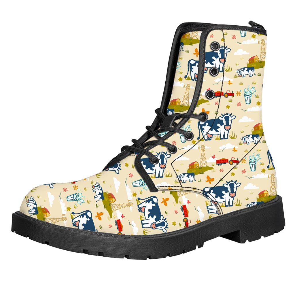 Cartoon Dairy Cow Farm Pattern Print Leather Boots