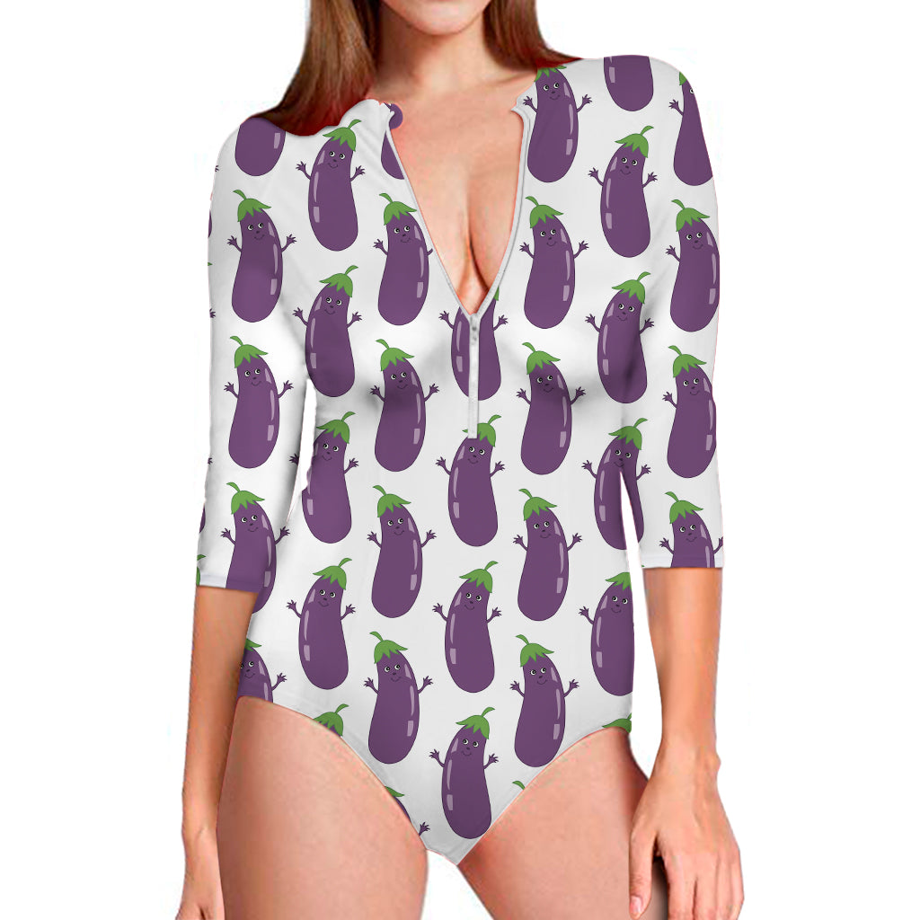 Cartoon Eggplant Pattern Print Long Sleeve One Piece Swimsuit