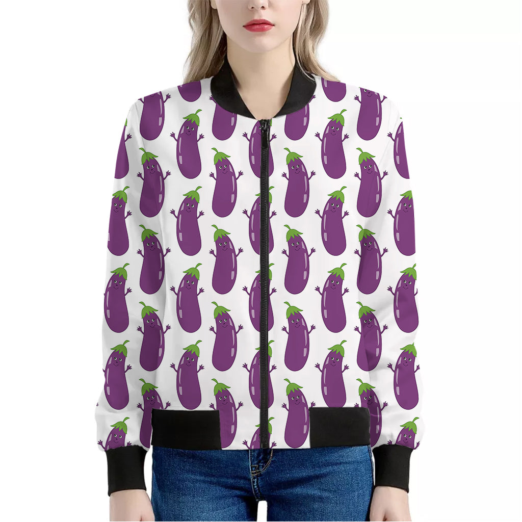 Cartoon Eggplant Pattern Print Women's Bomber Jacket