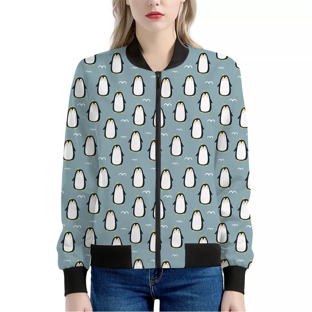 Cartoon Emperor Penguin Pattern Print Women's Bomber Jacket