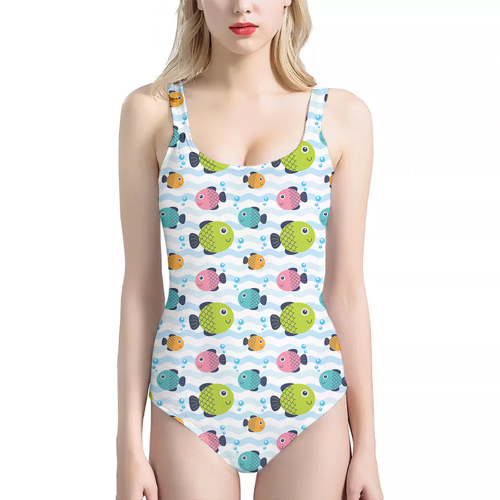 Cartoon Fish Pattern Print One Piece Halter Neck Swimsuit