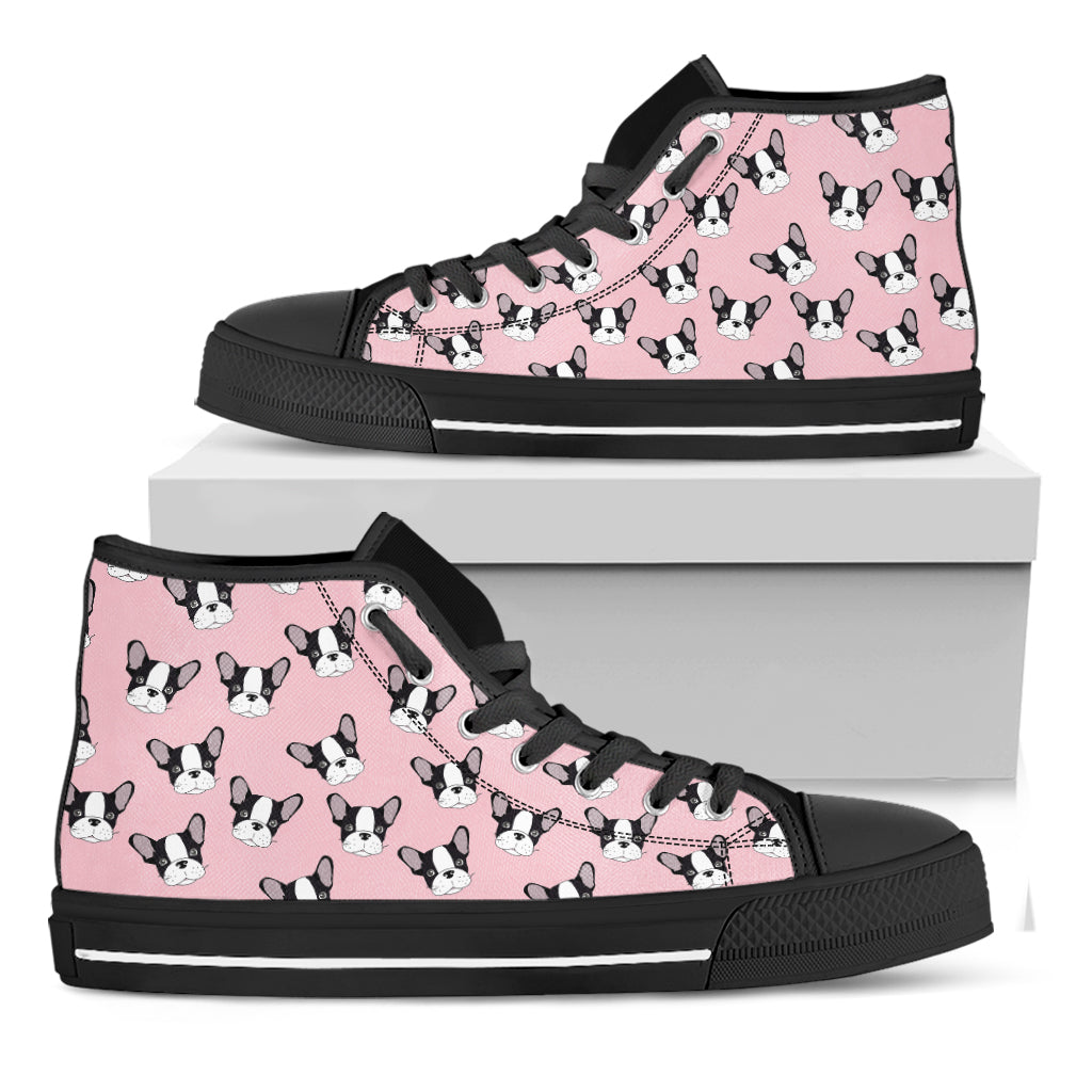 Cartoon French Bulldog Pattern Print Black High Top Shoes