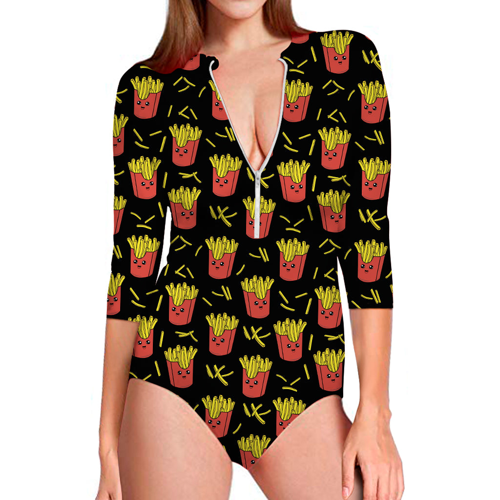 Cartoon French Fries Pattern Print Long Sleeve One Piece Swimsuit