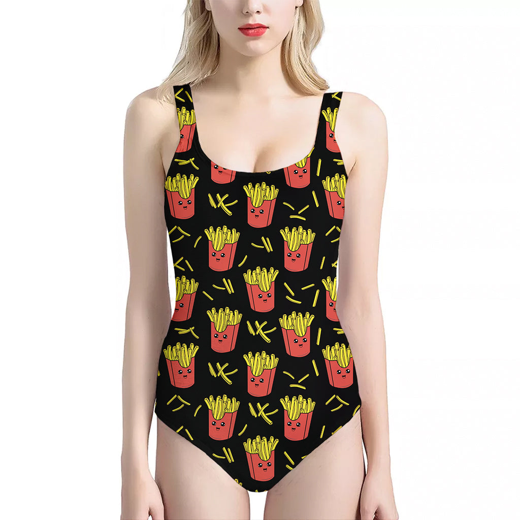 Cartoon French Fries Pattern Print One Piece Halter Neck Swimsuit