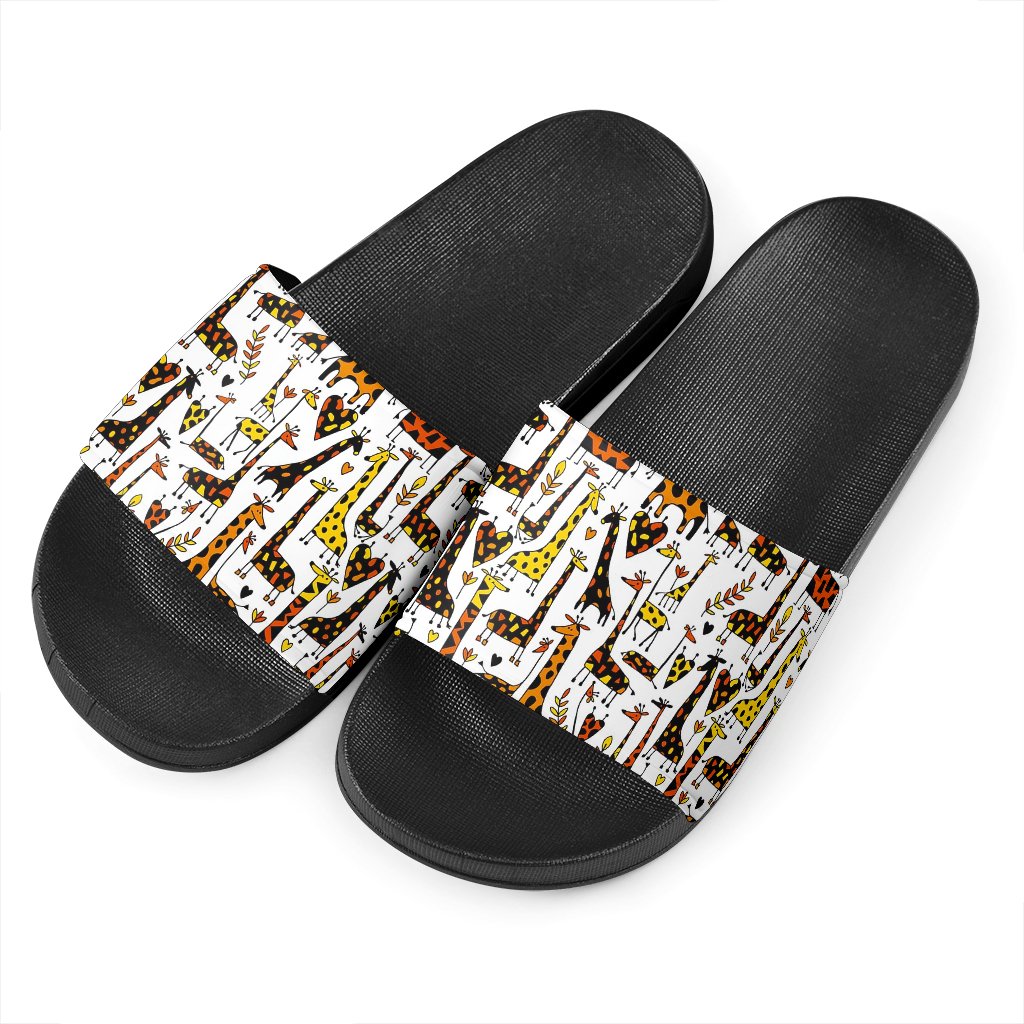 Cartoon Giraffe Pattern Print Black Slide Sandals