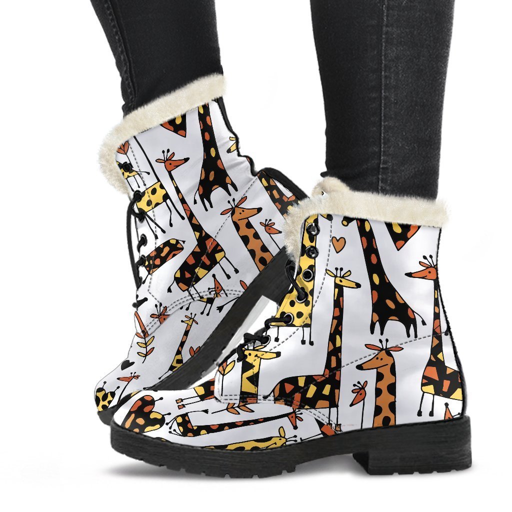 Cartoon Giraffe Pattern Print Faux Fur Leather Boots
